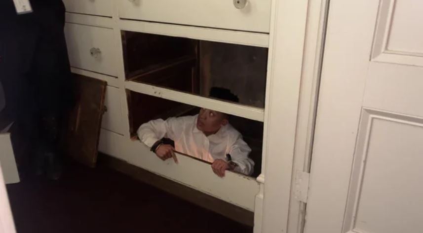 A staircase is hidden behind a cabinet at the Merchant's Museum in Manhattan. It is believed to be part of the Underground Railroad.