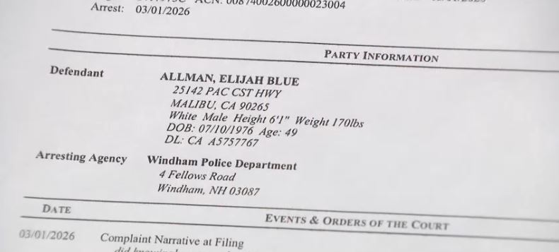 Elijah Blue Allman was arrested Sunday in Windham and is accused of breaking into a house on Ministerial Road through the back door.