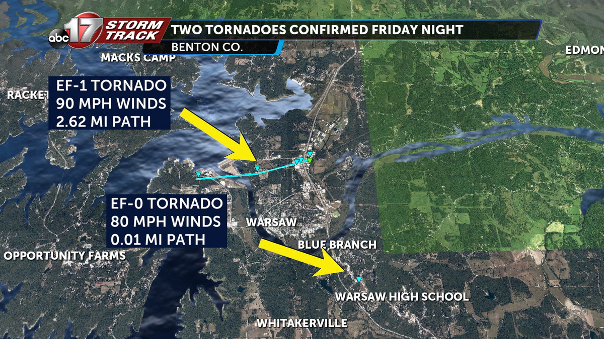 Two tornadoes confirmed near Warsaw in Benton Co. Friday night