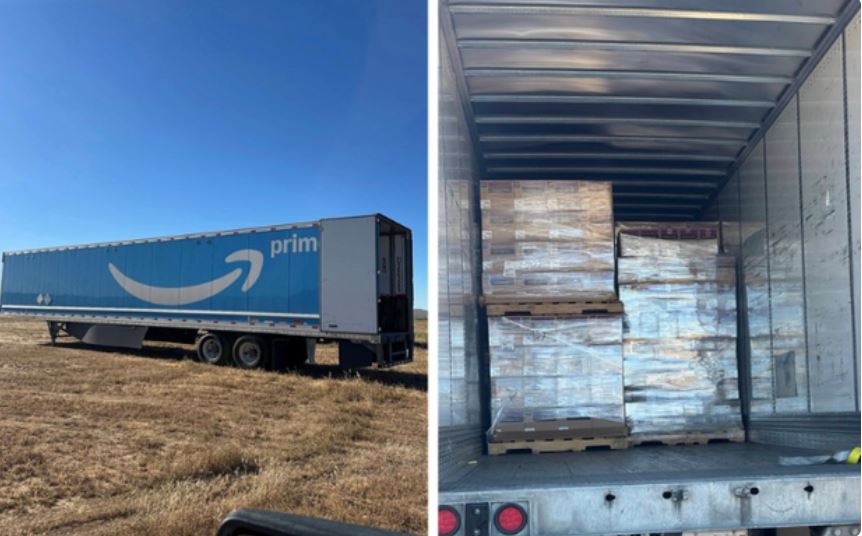 One of the stolen freight trailers and a large amount of Lego products that were allegedly stolen in transit to Southern California from Texas.