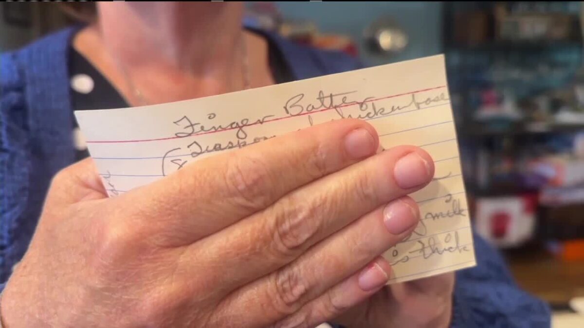 Stacy Fitzgerald holds up what she claims is the original finger steak recipe