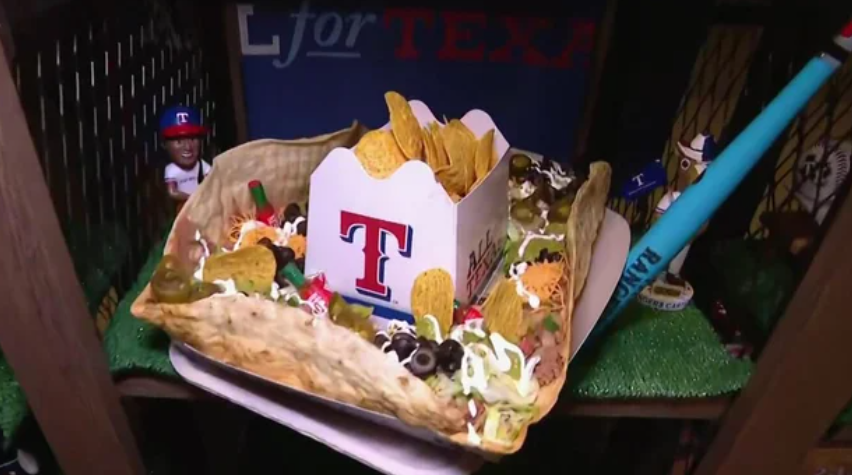 The "Ninth Inning Rally Sombrero" is a 24-inch flour tortilla shaped like a wearable hat and loaded with jalapeño guacamole