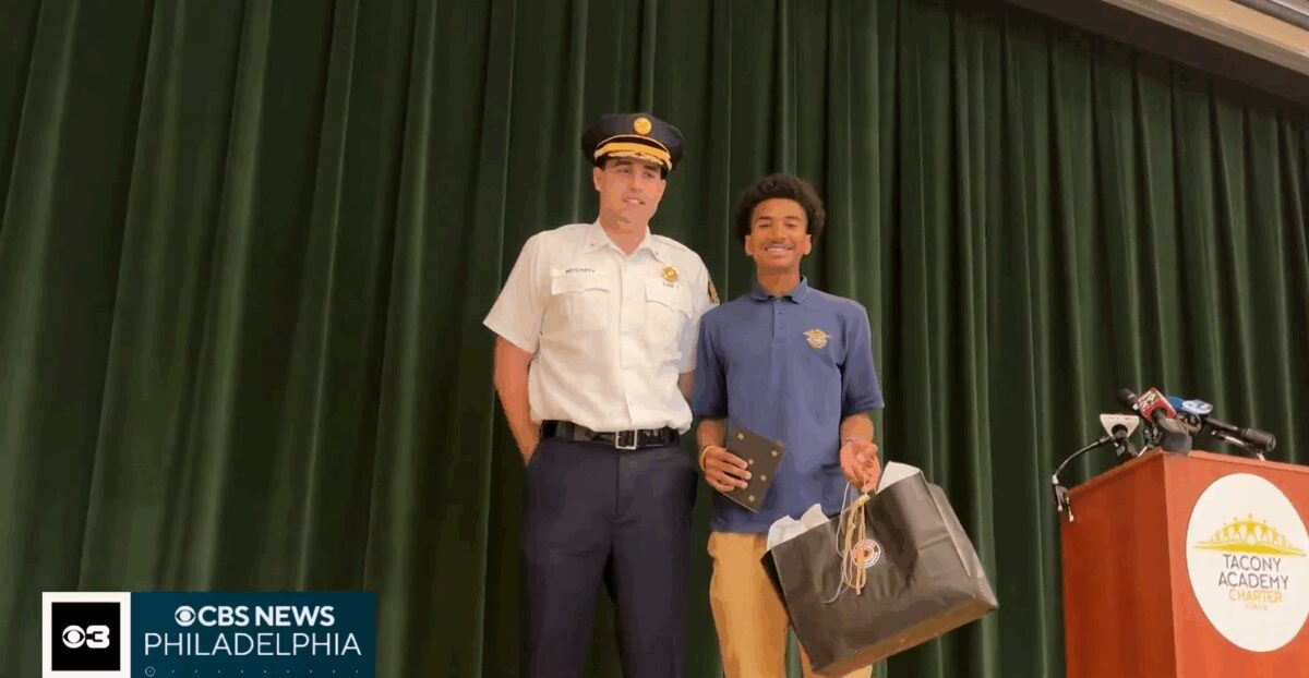 Jaheim Warner was honored by police and fire departments for breaking a car window to help woman.