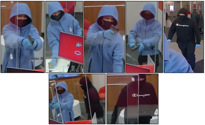 Detectives are requesting the public’s help in identifying the individuals pictured in connection with an armed bank robbery that occurred at approximately 10:11 AM on Tuesday