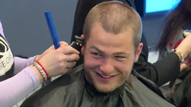 Drake Maye shaves his head to benefit cancer research at Boston Children's Hospital.