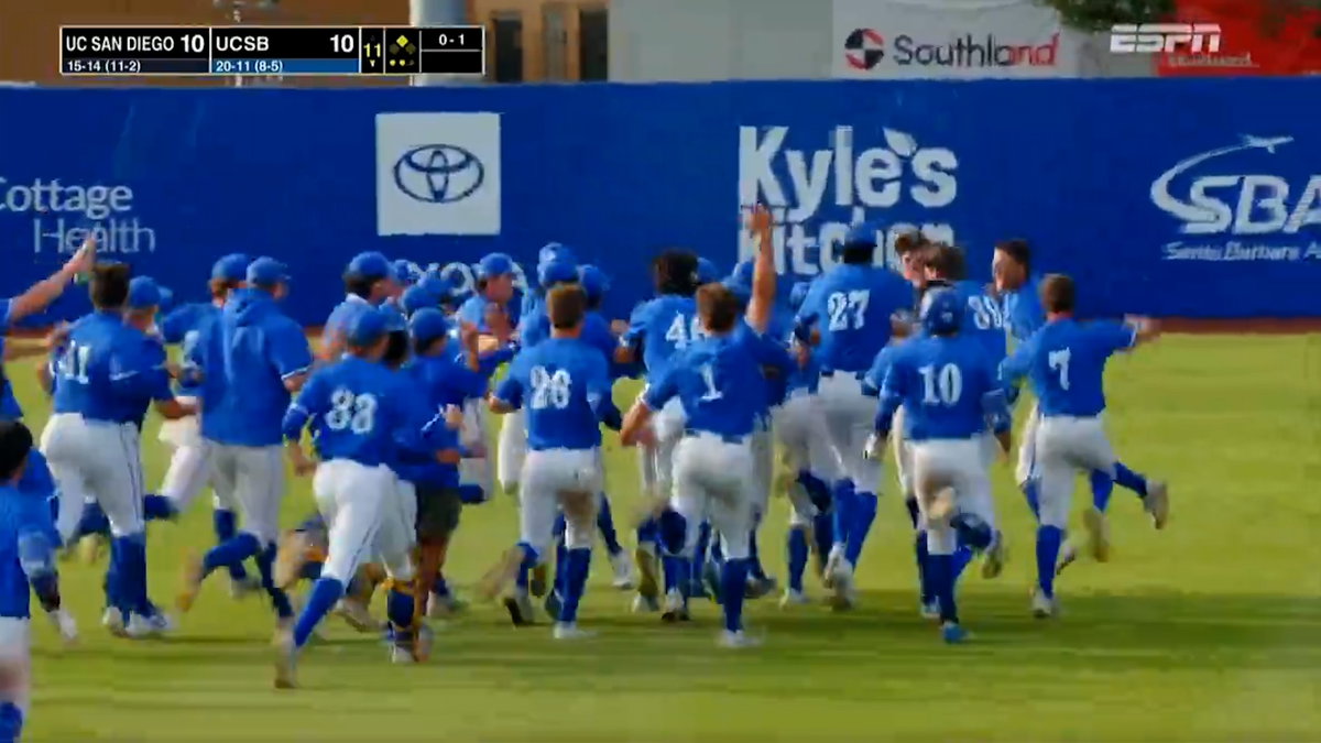 Gauchos celebrate a wild walk-off win in 11 innings against first place UC San Diego