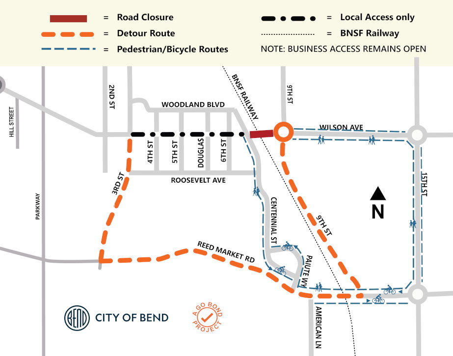 Traffic Alert: Wilson Avenue in Bend will close at railroad crossing for months of BNSF work; detour routes set