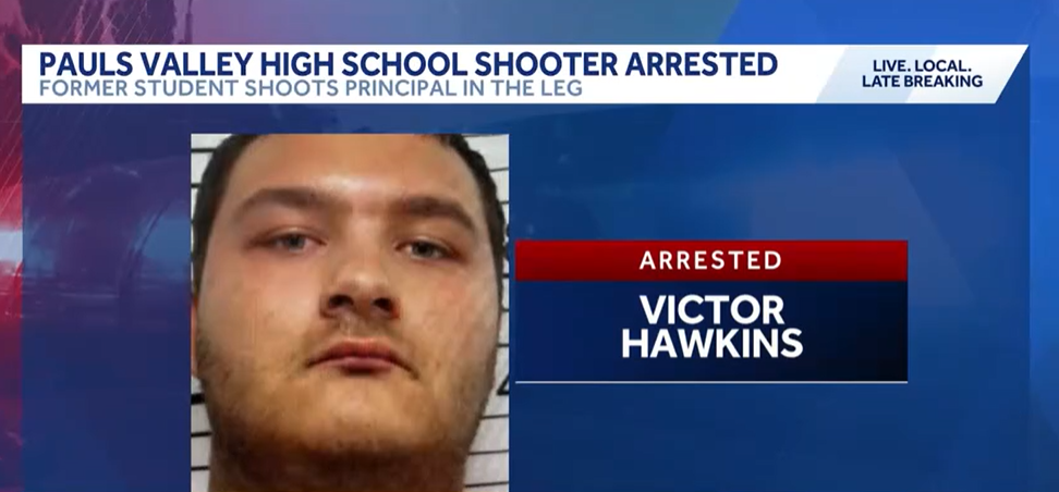 Authorities say Pauls Valley High School Principal Kirk Moore was injured when he was shot in the leg by 20-year-old Victor Hawkins Tuesday afternoon in the school lobby.