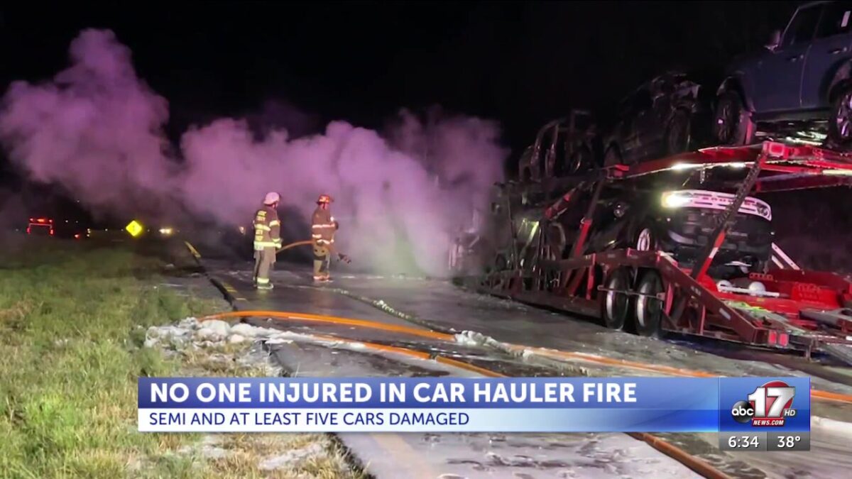 Car hauler catches fire