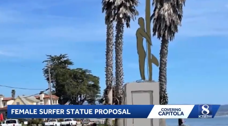 A proposed 18-foot bronze female surfer statue