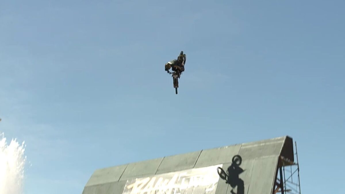 X Games superstar Colby Raha says he cleared his own record for the tallest vertical motorcycle jump at Caesars Palace on Sunday.