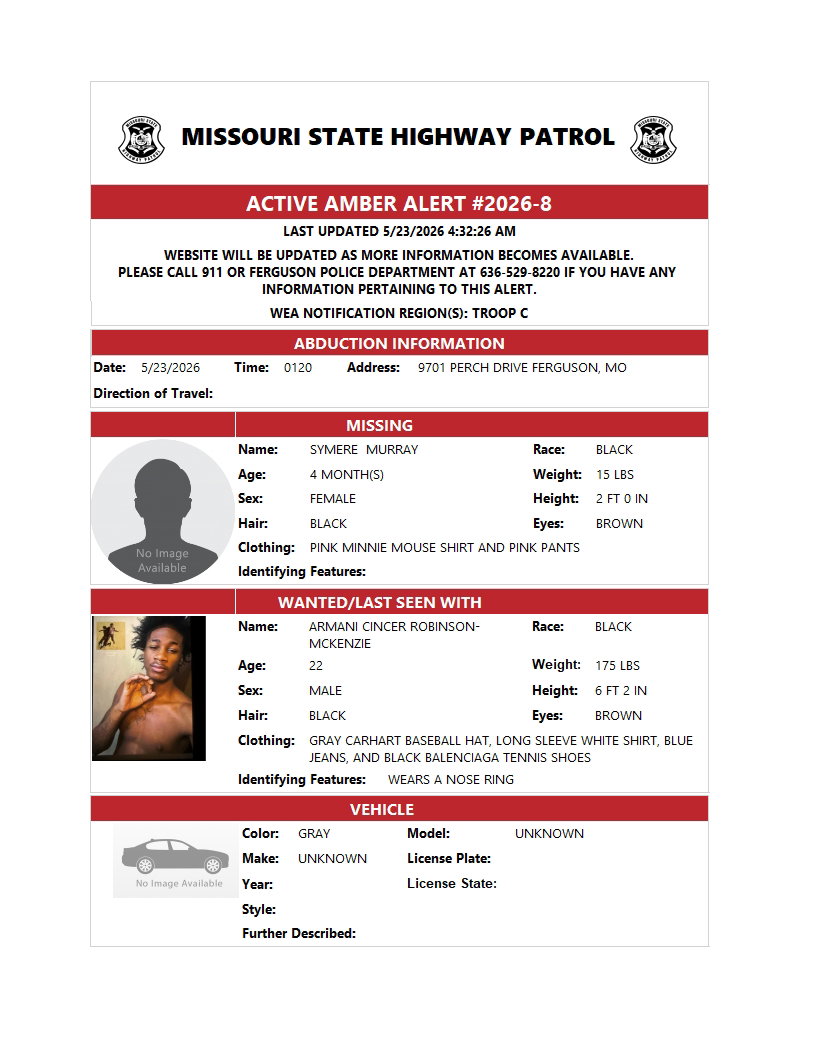 Amber Alert suspect not in custody after Ferguson baby found safe Saturday morning