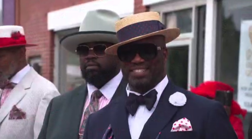 Two men at the 100 Men in Suits event on Livernois Avenue in Detroit