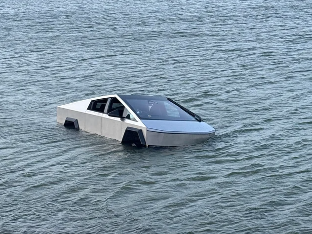 A Cybertruck disabled off the shoreline in Lake Grapevine in Grapevine