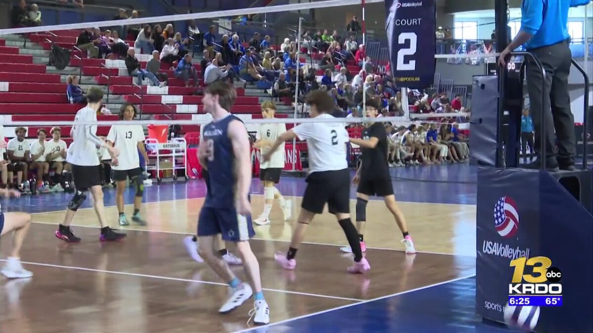 The Pueblo South boys volleyball team playing in round one of the state tournament