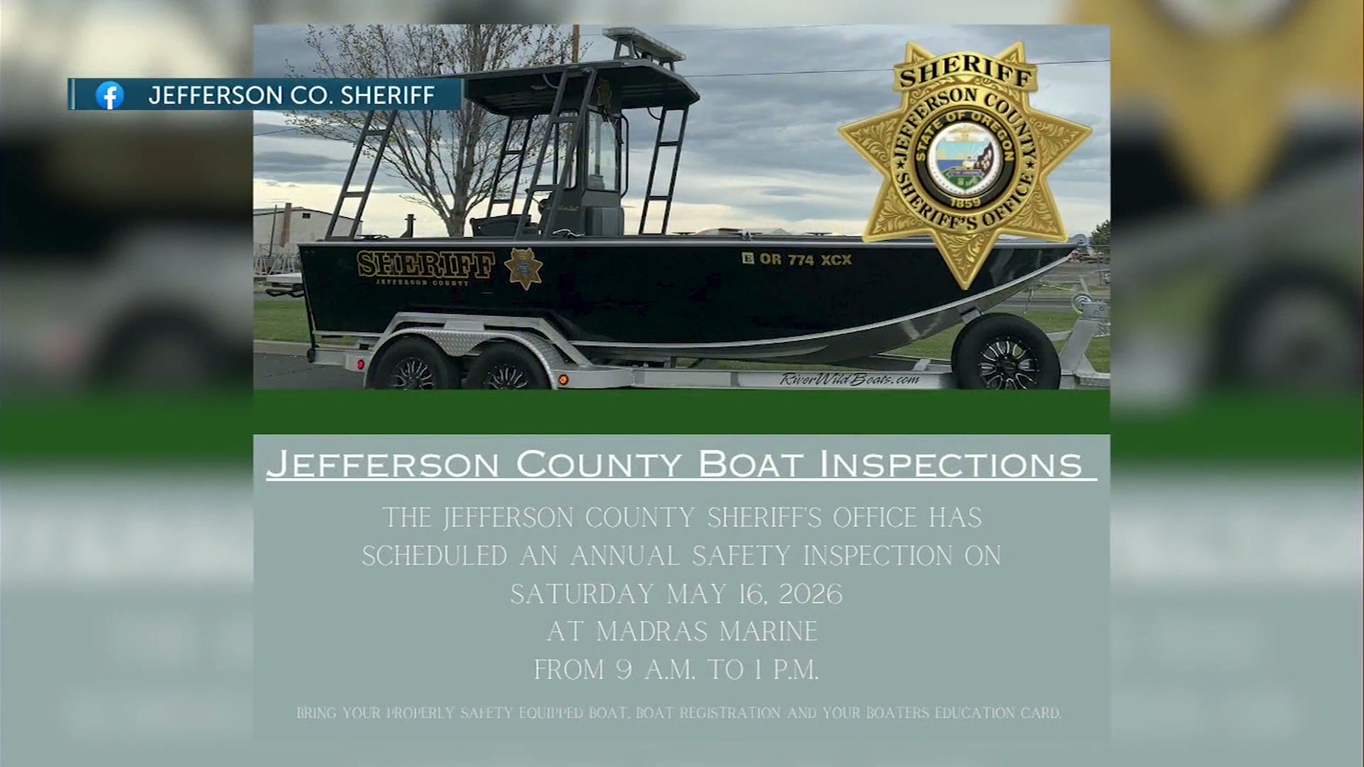 Jefferson County Sheriff’s Office urges residents to complete 2026 boat inspection