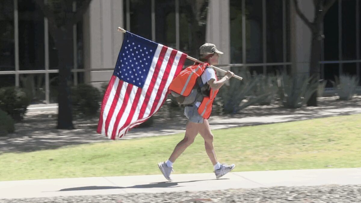 A French woman has made it her mission to walk and run across the United States — American flag in hand — as an act of gratitude toward a country of which she is not a citizen.