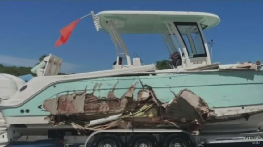 George Pino's boat is pictured after a Biscayne Bay crash.