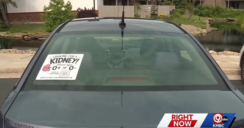 The decals carry Schmidt's ask: "I need a Kidney."
