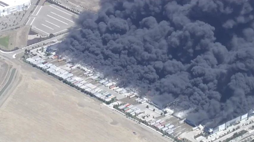 Aerial video shows a warehouse fire at Medline Industries in Tracy.