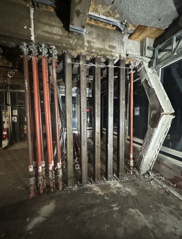 Construction crews have been working night and day to stabilize a building on 42nd Street that had two columns buckle and several floors begin to sag.