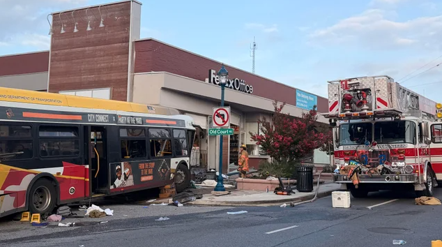 More than 30 people were hurt after an MTA bus crashed into several cars and then slammed into a FedEx in Pikesville