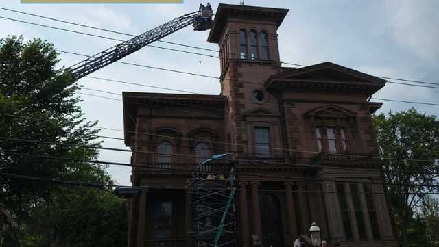 Mansion staff said the bird was wedged between the spire and a lightning rod