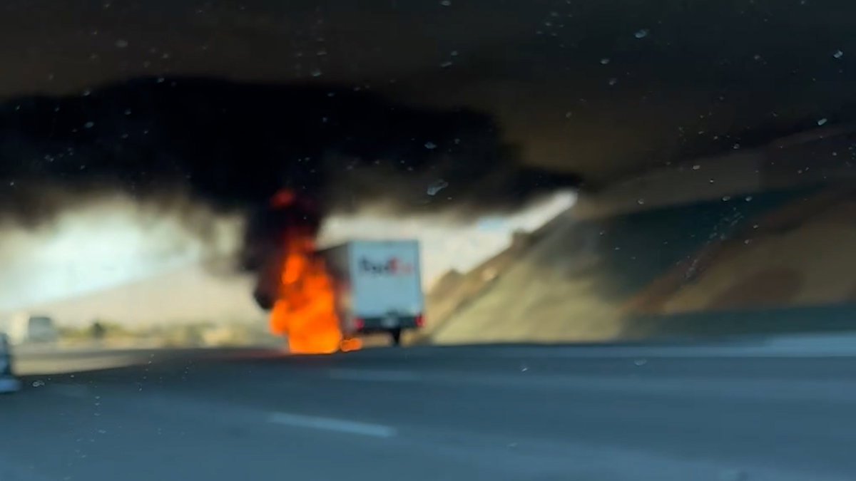 Delivery truck catches on fire near Bob Hope overpass