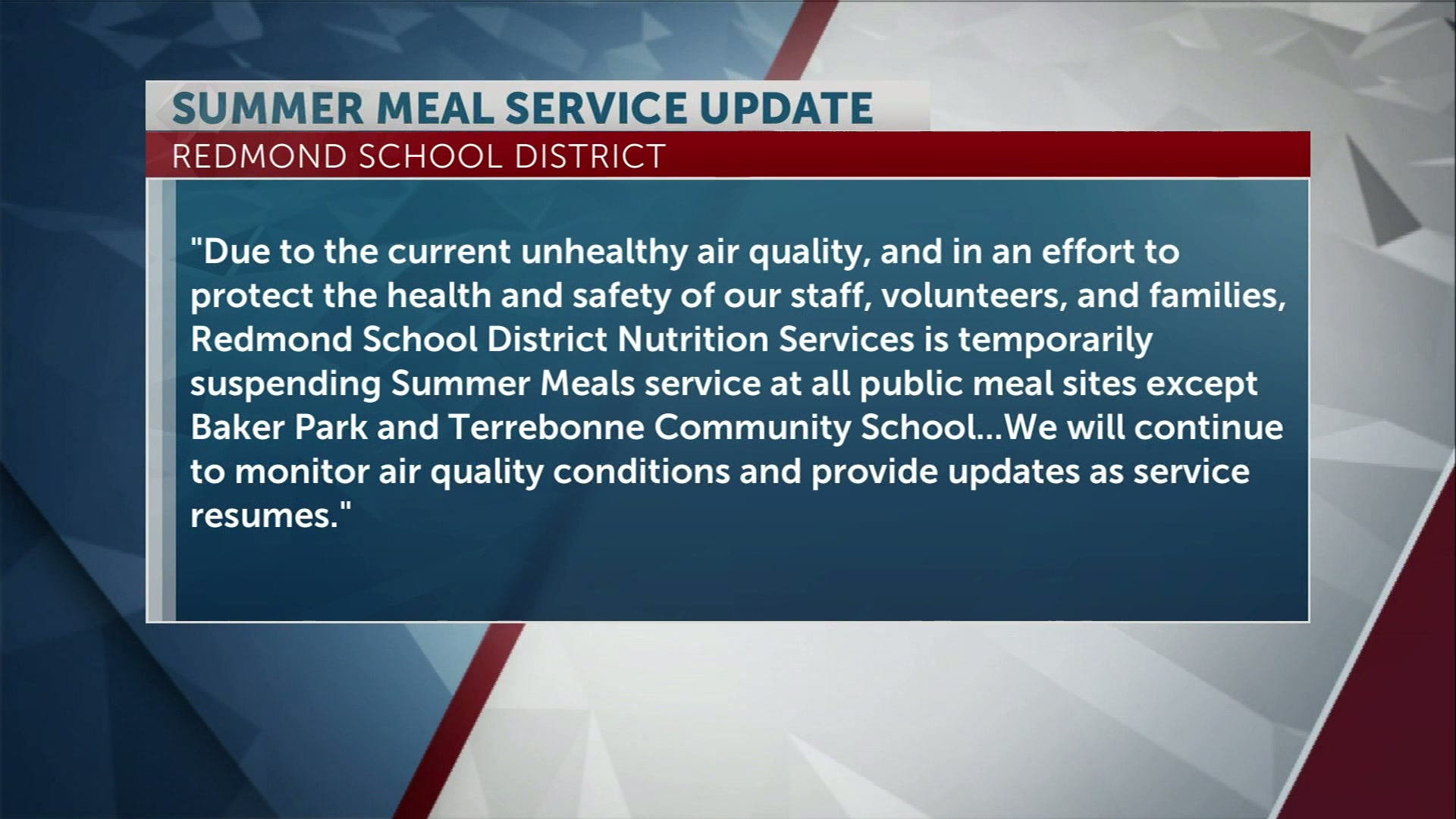 Air quality forces shutdown of several Redmond School District meal sites