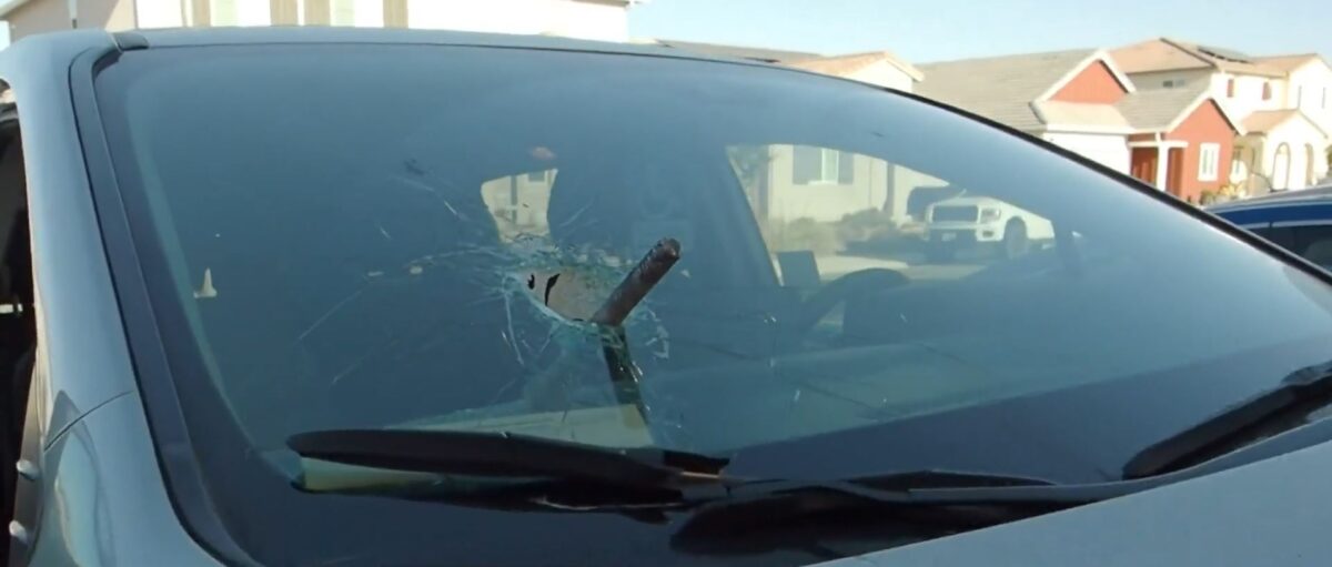 A routine drive home on Highway 99 turned into a frightening ordeal for an Elk Grove family when a large metal bolt crashed through the windshield of their minivan