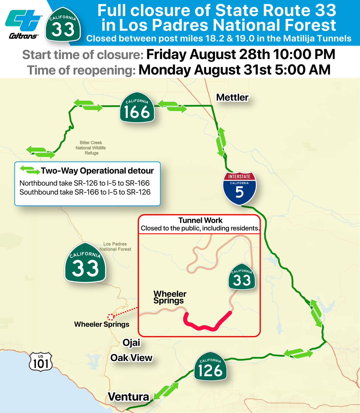 Extended Weekend Full Closure on State Route 33 Scheduled North of Ojai in Los Padres National Forest