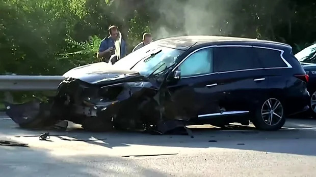 Massachusetts State Police said this car hit eight vehicles before crashing on I-93 north in Milton