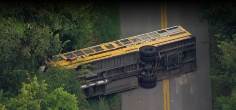 A school bus carrying 28 students overturned in Bullitt County Monday afternoon