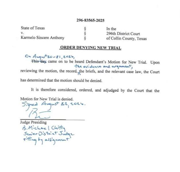 A Collin County judge on Saturday denied Karmelo Anthony’s request for a new trial in the fatal 2025 stabbing of 17‑year‑old Austin Metcalf at a Frisco ISD track meet.