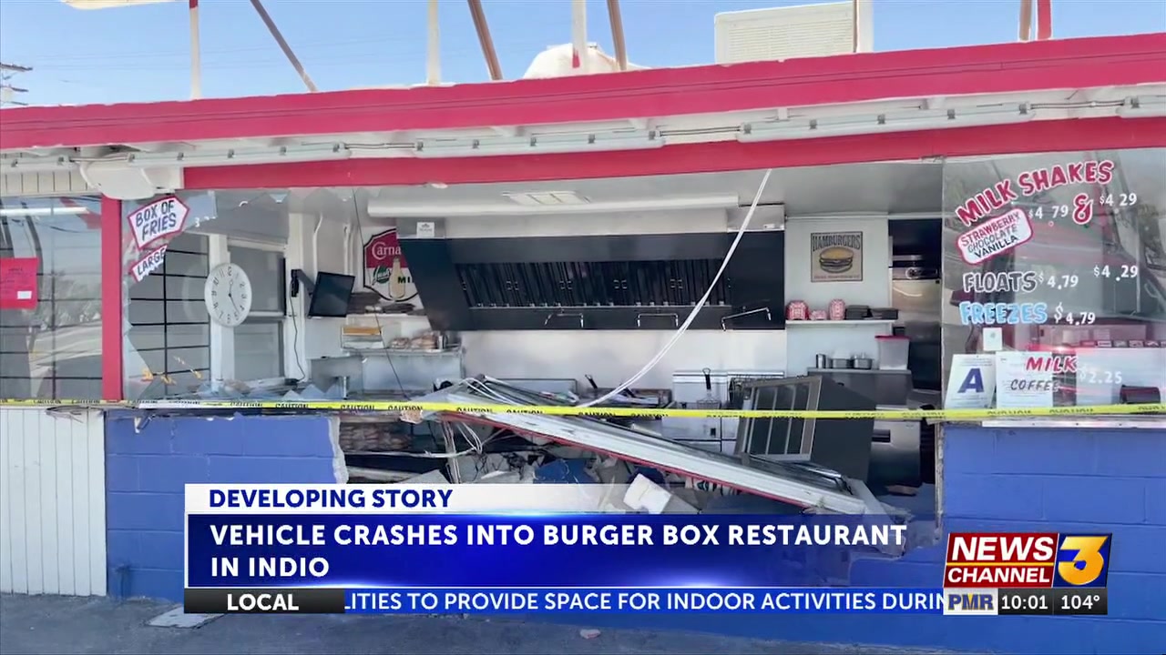 Vehicle crashes into Burger Box restaurant in Indio