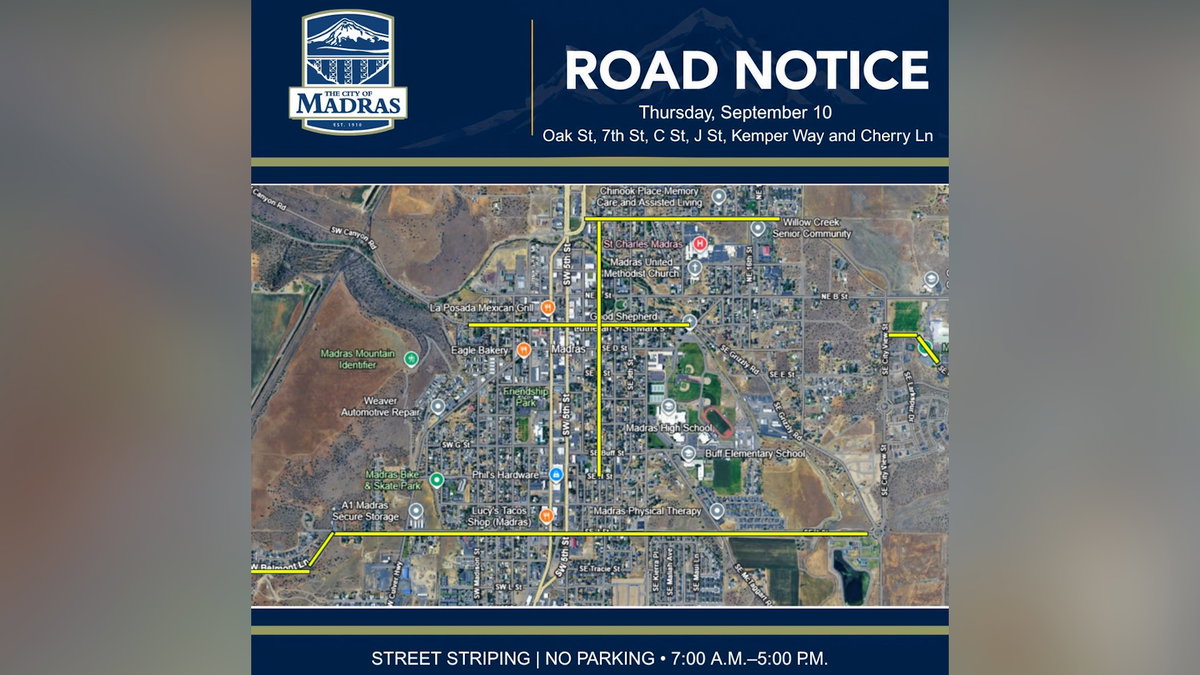Madras road striping planned Thursday; no parking in work areas