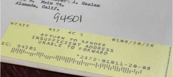 A letter marked "return to sender" has been delivered to an Alameda church. But the date of the postmark has people scratching their heads