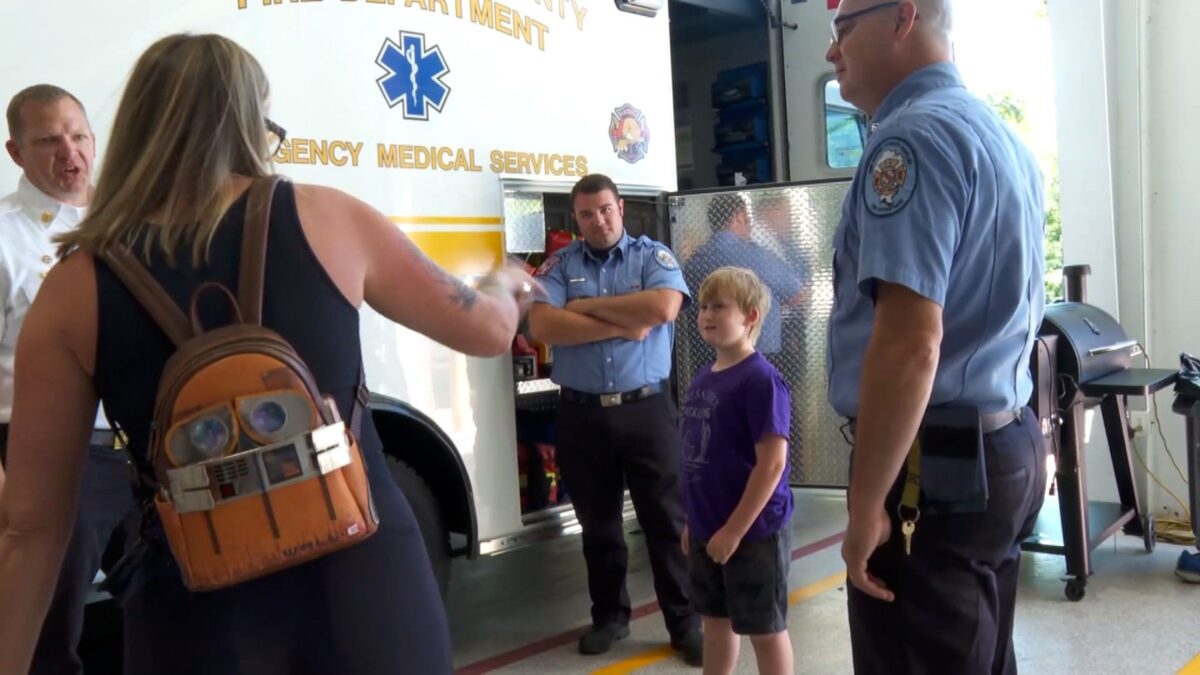Emmett Petri and his family visited the Galesville Fire Station Monday to thank the emergency responders who saved his life. The first responders were honored with the department's Gift of Life Award.