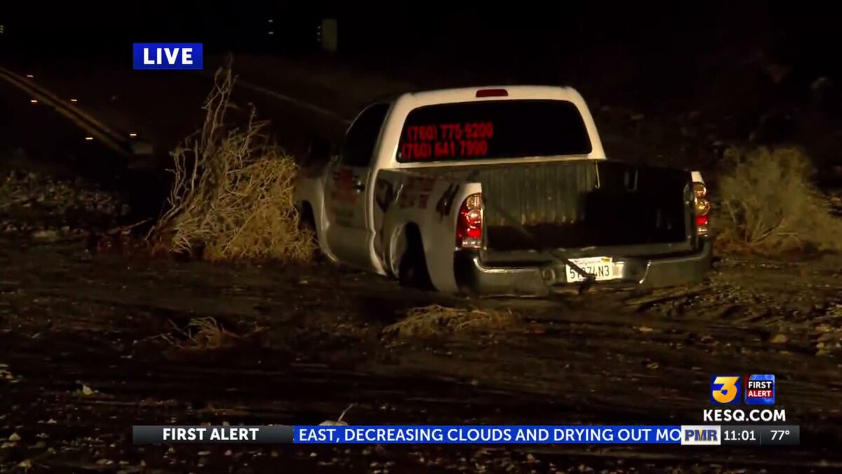 Dillon Road closed at Avenue 44 after flooding on wash in Indio Hills; one vehicle stuck