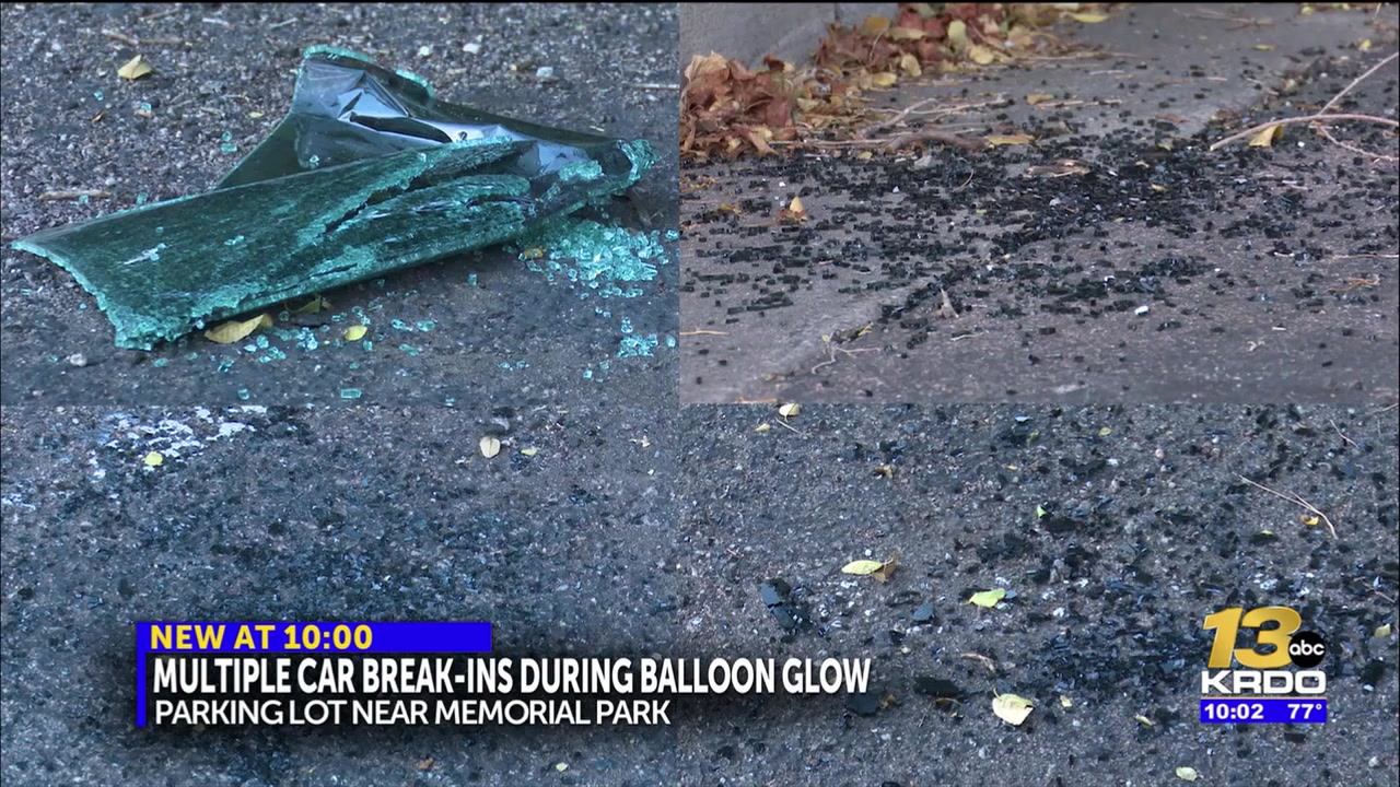 People coming back to their cars after the Balloon Glow found broken glass and smashed windows