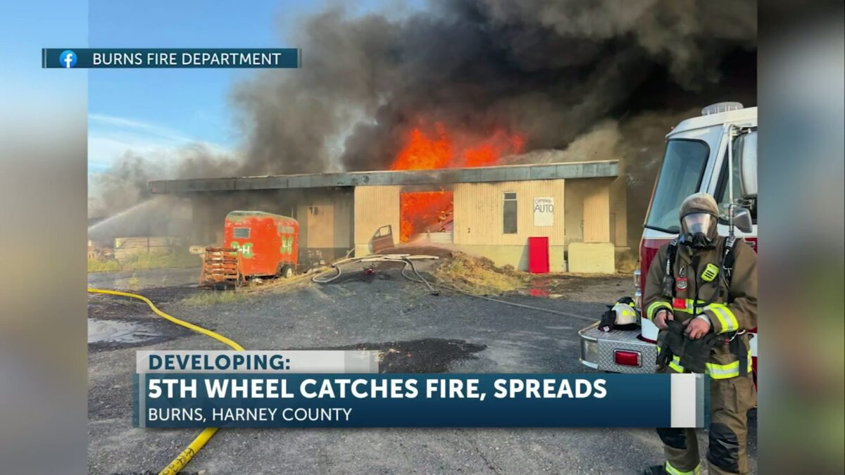 Fifth-wheel trailer fire damages commercial building in Burns