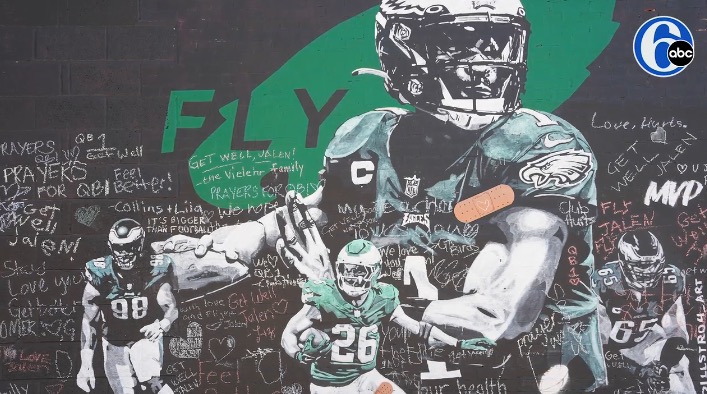 Neighbors in Fairmount have turned an Eagles mural into a community-wide get-well card for Jalen Hurts.