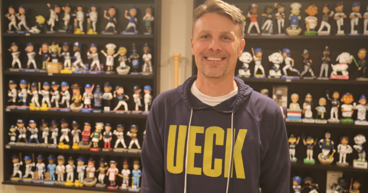 A section of Jake Paulson's bobblehead collection is pictured.