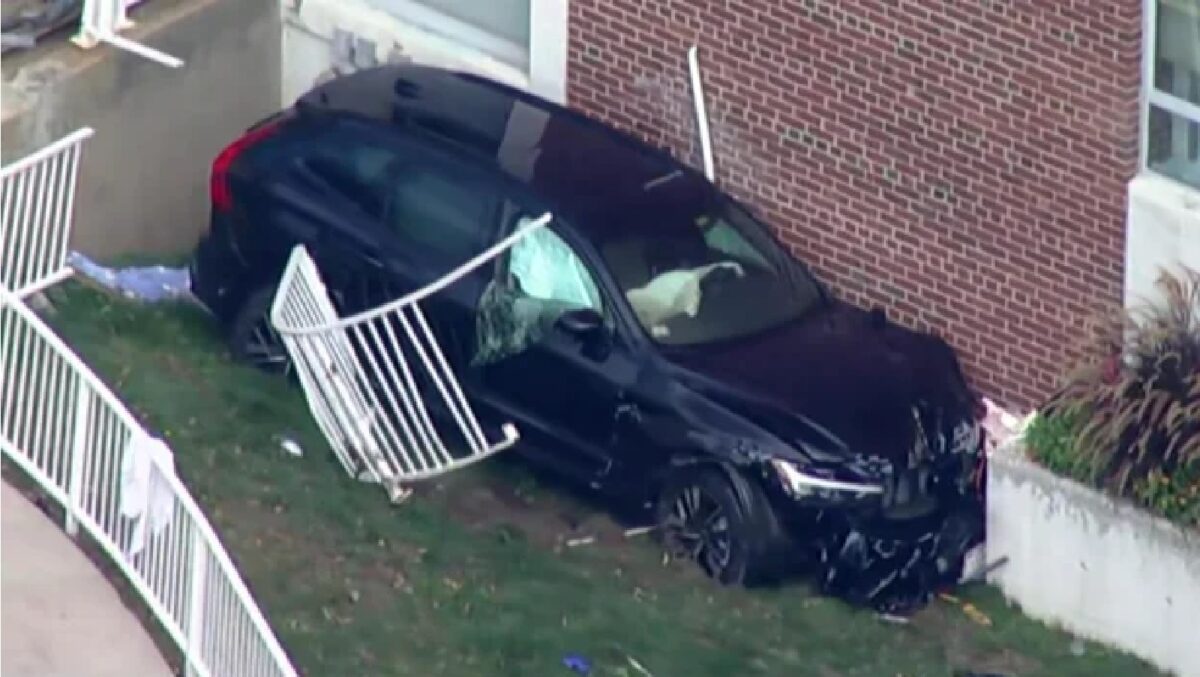 A driver crashed a car into a building near Brigham and Women's Faulkner Hospital in Jamaica Plain Thursday morning