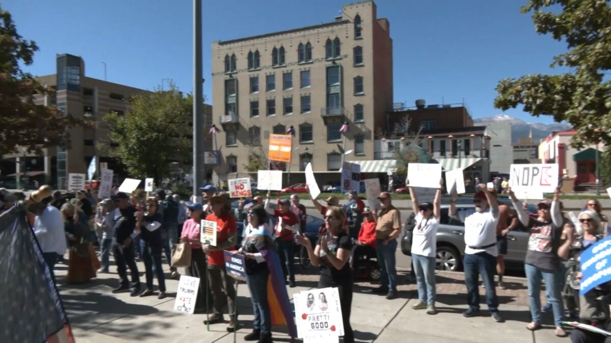Crowd gathers for ‘No Kings’ voting event in front of Colorado Springs City Hall and Acacia Park