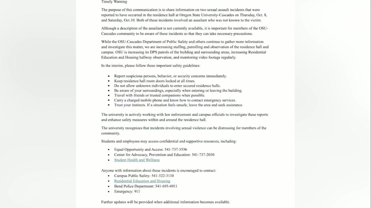 Two reported sexual assaults in OSU-Cascades residence hall prompt safety warnings