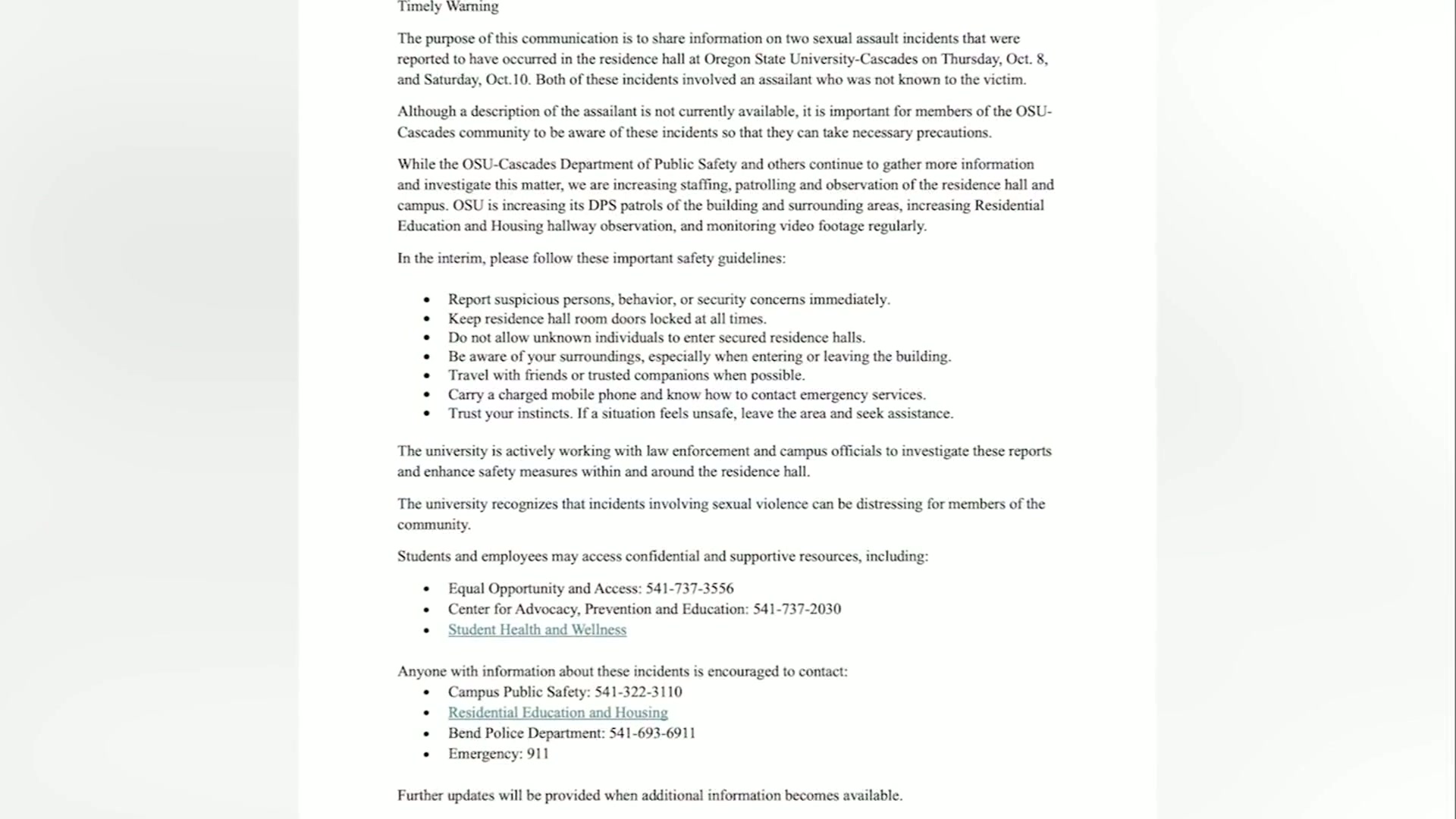 Two reported sexual assaults in OSU-Cascades residence hall prompt safety warnings