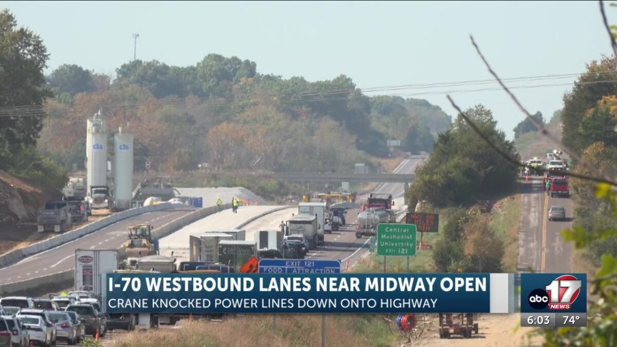 Construction crane working on I-70 project snagged power line