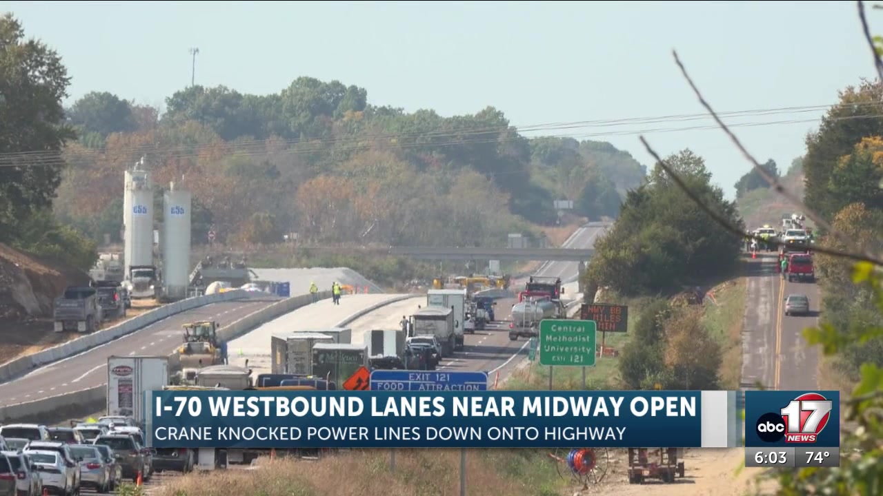 Construction crane working on I-70 project snagged power line
